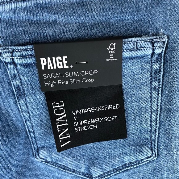 Paige Sarah Slim Crop Jeans High Rise Skysong Wash Destroyed Hem Denim 27 - Picture 3 of 5